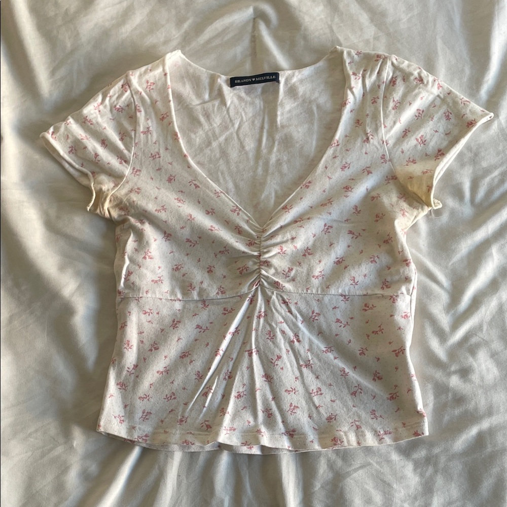 Brandy Melville White Top with Pink Floral Design